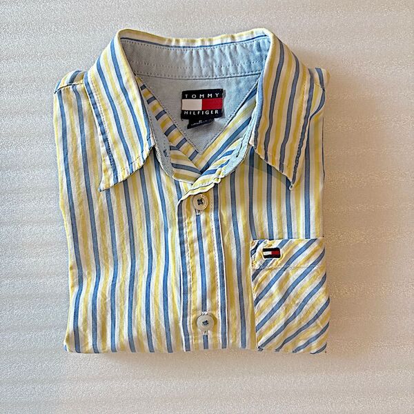 トミーヒルフィガーTommy Hilfiger 半袖シャツ 青と黄色のストライプ キッズ半袖シャツ