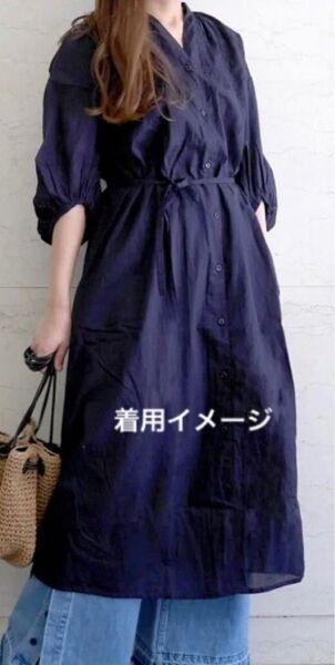 le.coeur blanc ボリュームスリーブ 刺繍ワンピース ネイビー ※クーポン利用でお得に