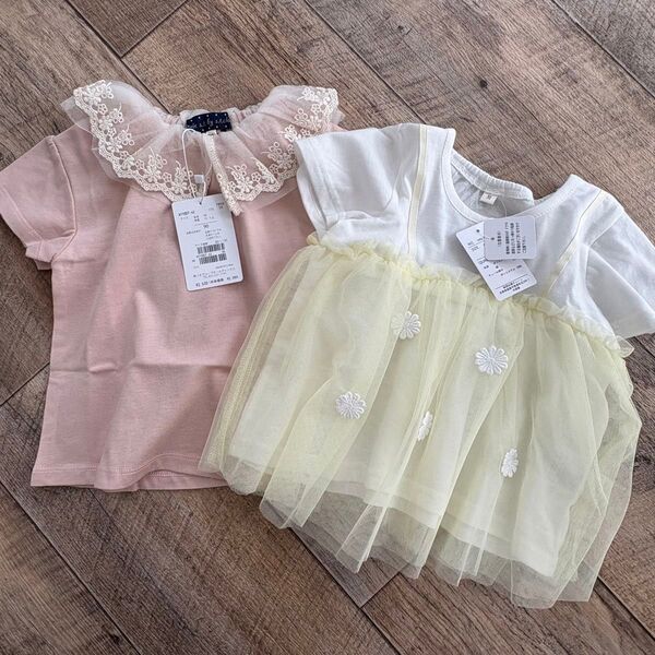 女の子 夏服 チュール付きトップス Tシャツ 2枚 90cm