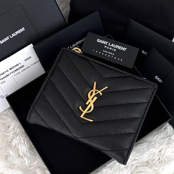 ☆極上美品☆サンローラン Saint Laurent 財布 カサンドラ Vステッチ 二つ折り財布 レザー ブラック