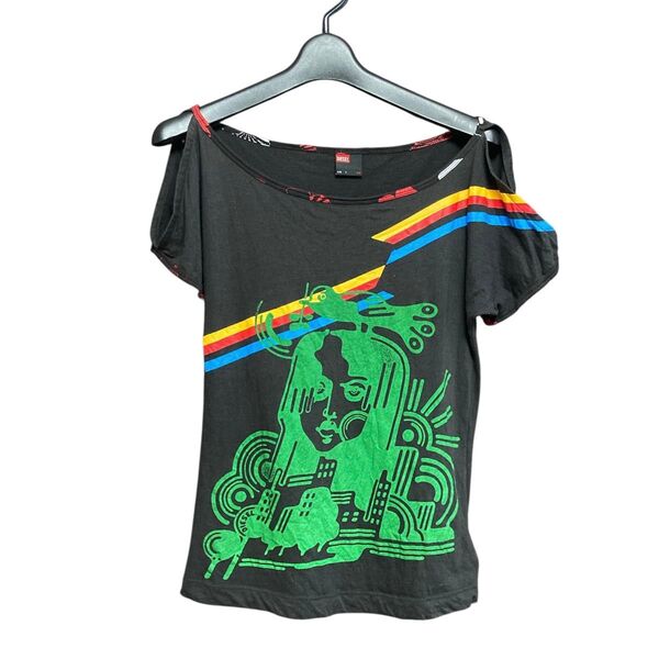 DIESEL レディース Tシャツ 半袖カットソー ボートネック ブラック黒 S プリント マルチカラー
