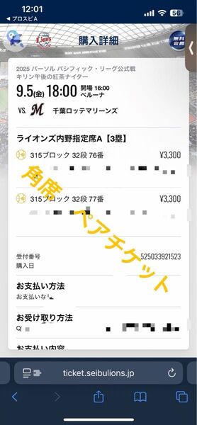 西武ライオンズ 千葉ロッテ ベルーナドーム 内野指定席A 通路側ペアチケット 1枚定価3300円