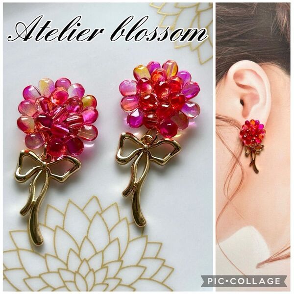 人気☆チェコビーズの赤いお花の耳飾り ハンドメイド アクセサリー ピアス イヤリング 樹脂 ノンホール 夏 アトリエブロッサム