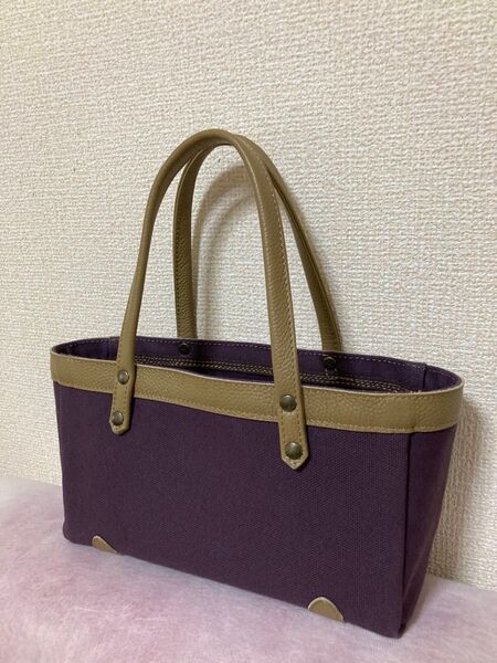 *極美品* ハンドメイド ミニ トートバッグ バイカラー キャンバス 牛革 パープル 横長