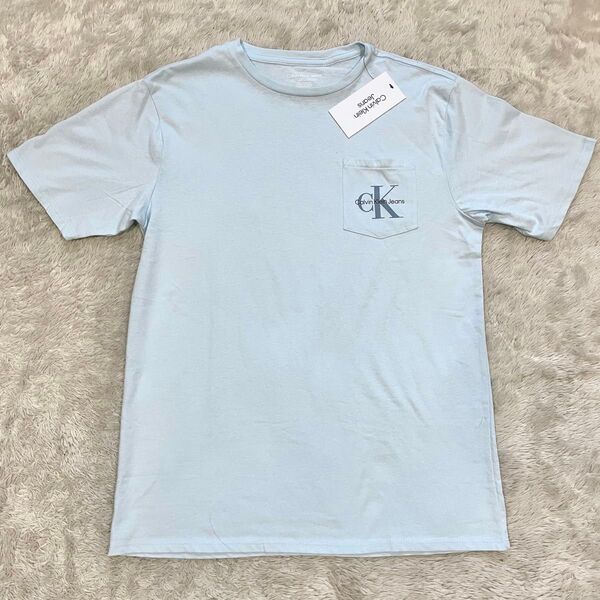 新品タグ付き Calvin Klein Jeans Tシャツ ユニセックス アイスブルー XL ckロゴ