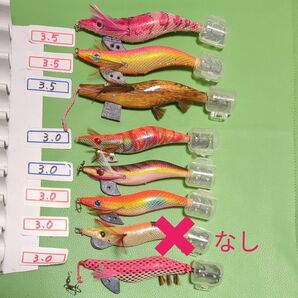 10-④ エギ 7個セット まとめ売り ブランド不明【3.5号3個3.0号4個】エギ自体に目立った傷や汚れなし 針に一部変色サビ