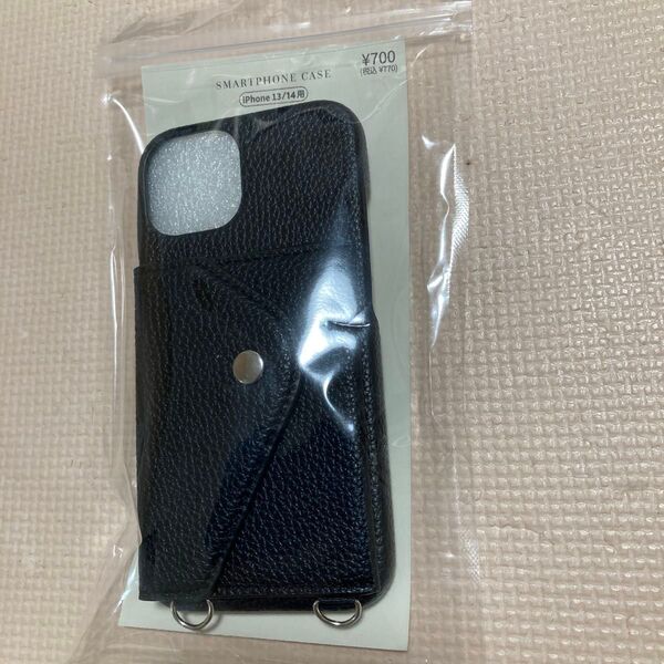 iPhone13/14用 スマホケース カード収納 ショルダーストラップ付き ブラック 未使用
