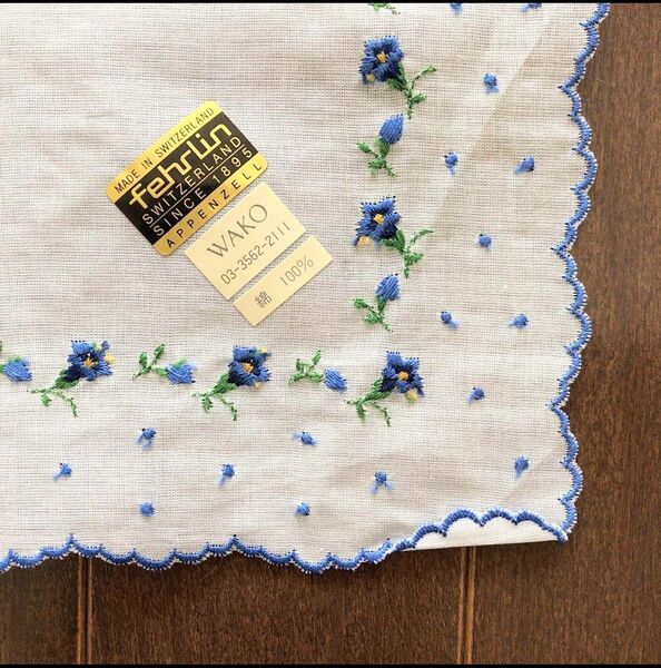 未使用 WAKO 花柄 刺繍ハンカチ 銀座和光 SWITZERLAND ワコウ