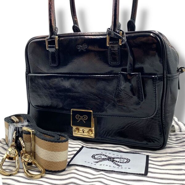 美品◎ ANYA HINDMARCH アニヤハインドマーチ カーカー トート ハンド ショルダーバッグ 2way エナメル 黒