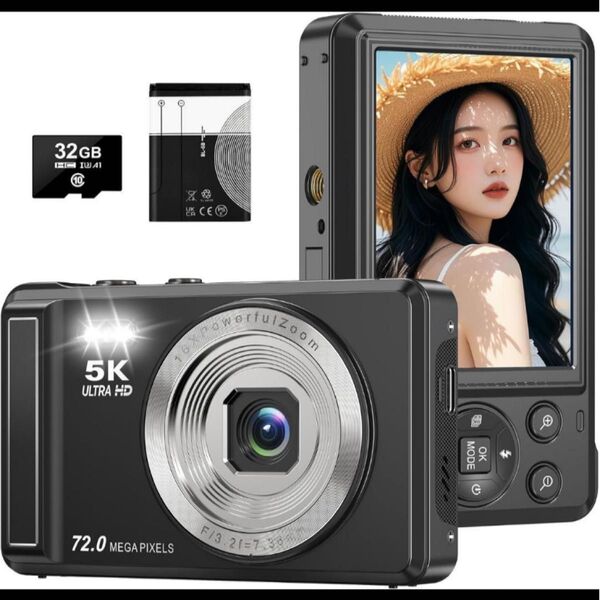 5K録画 デジカメ 72MP画素 デジタルカメラ 16倍デジタルズーム オートフォーカス 連続撮影 近接撮影 自撮り 笑顔検出