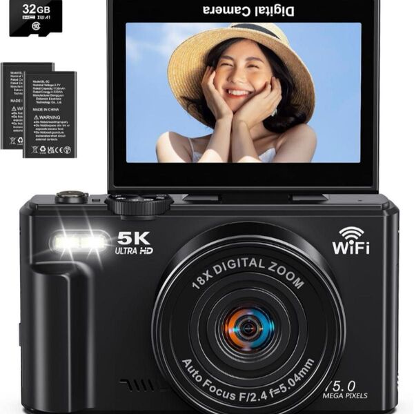 デジカメ 5K 5K録画 7500万画素 コンパクト 18倍デジタルズーム 180度回転 スクリーン AFオートフォーカス