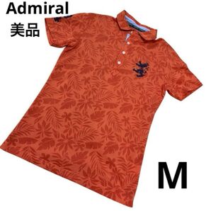 【美品】Admiral ゴルフウェア 半袖ポロシャツ アロハ 総柄 花柄 M ロゴ刺繍