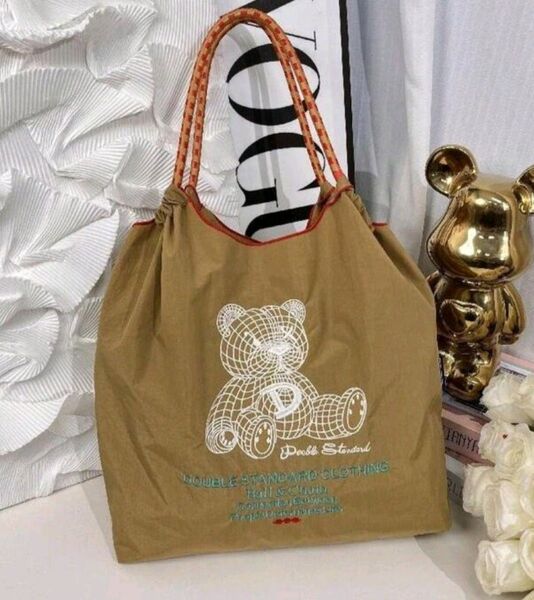刺繍エコバッグ カーキ Mサイズ トートバッグ ショルダーバッグ かわいい