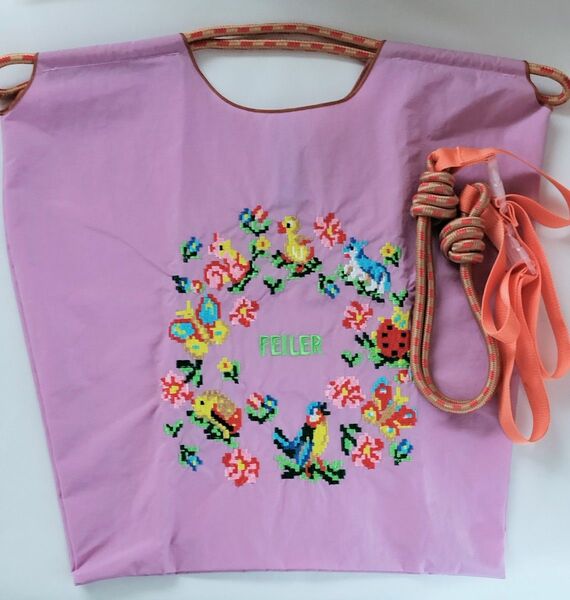 刺繍エコバッグ ライトパープル ストラップ付き トートバッグ ショルダーバッグ かわいい