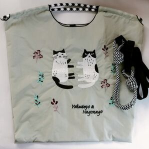 刺繍エコバッグ ライトグレー ストラップ付き 猫 ナゴナゴ Mサイズ トートバッグ ショルダーバッグ かわいい