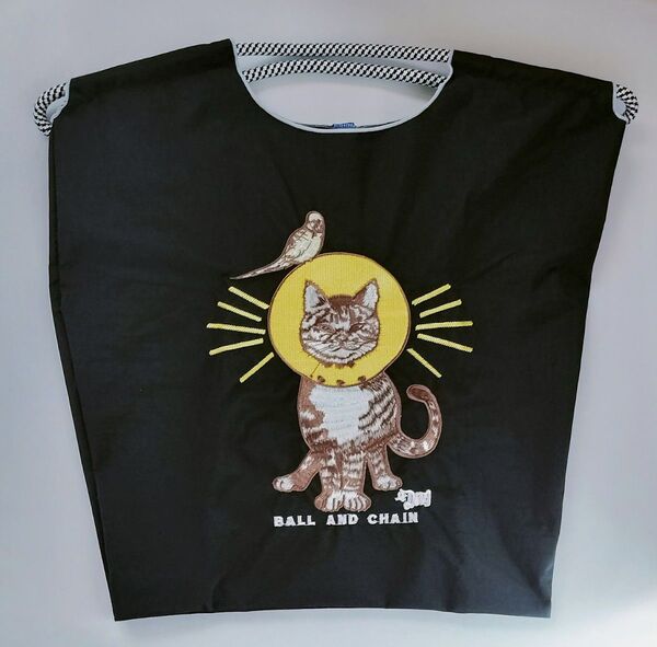 刺繍エコバッグ 黒 ブラック 猫 Mサイズ トートバッグ ショルダーバッグ かわいい