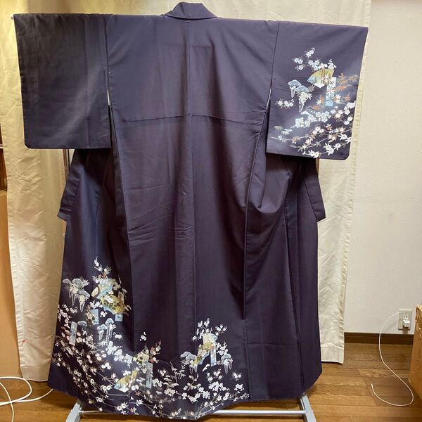 Y 付け下げ 袷 扇面 椿 藤 濃いグレー 着物 和装 和物 和服 和風