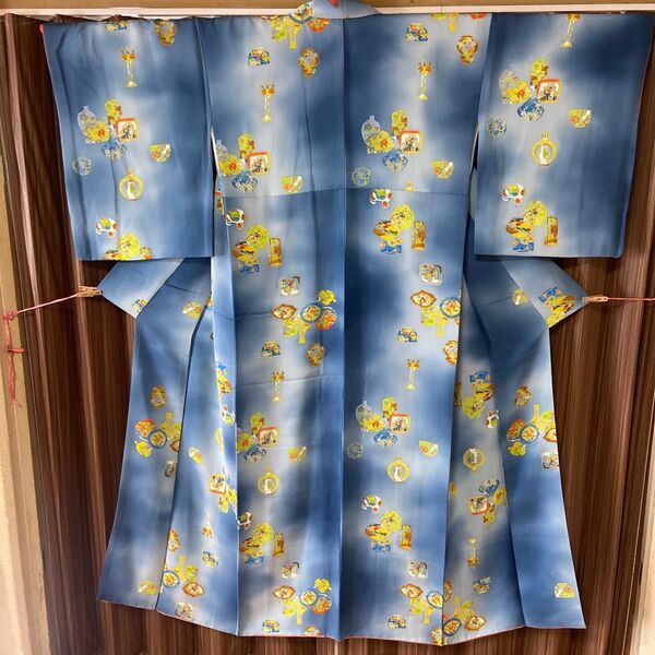 A 小紋 袷 正絹 ブルー暈し 三越 着物 和装 和風 和物 和服