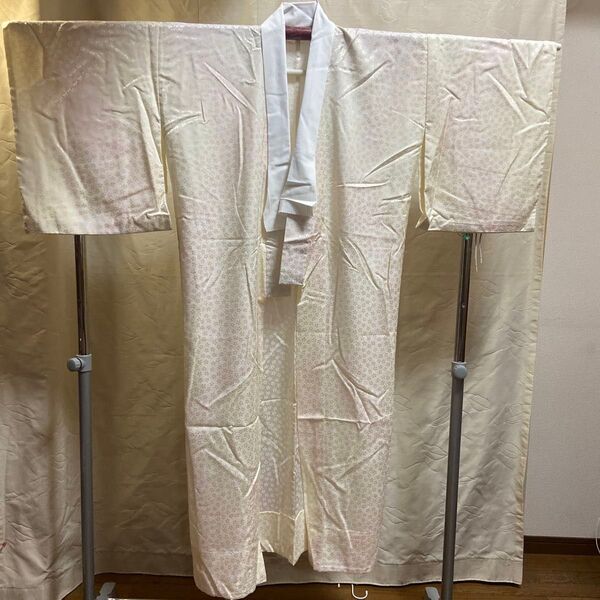 A 長襦袢 単衣袖無双 正絹 桜地模様 クリーム色 ピンク 着物 和装 和風