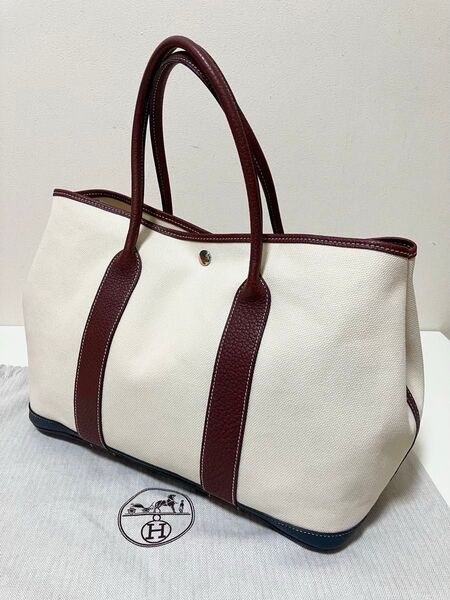 超美品★超希少 HERMES エルメス ガーデンパーティPM トワル ネゴンダ Q刻印 トリコロール トート ハンドバック 正規品
