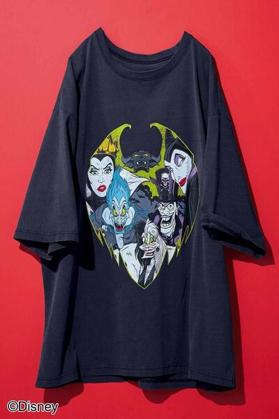 MEDE19F Disney 古着屋でみつけたようなプリントTシャツ S 黒 半袖 ブラック フェリシモ マレフィセント アースラ