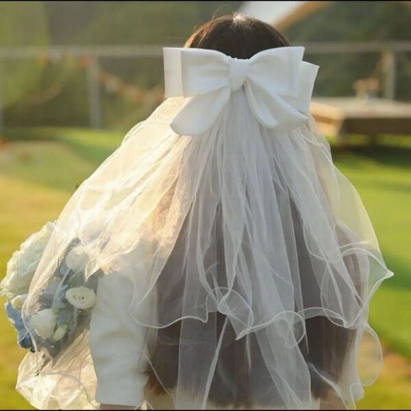 ウェディング ヘッドドレス リボン ブライダル 結婚式 洋装 ヘアアクセサリー 前撮り ベール リボンベール ショートベール