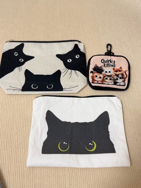 3点セット メイクバッグ 黒猫 子猫 コスメバッグ マルチケース 猫デザイン ポーチ カラビナ付き