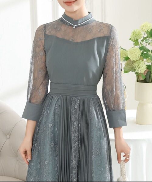 Lace Ladies プチハイネック レース ドッキング プリーツ ワンピース フリーサイズ ミント