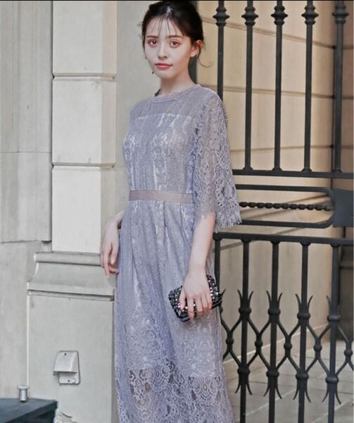 GIRL S ブルーグレー パネル柄総レース五分袖 Iライン ミモレ丈 結婚式 ワンピース