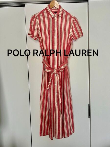 POLO RALPH LAUREN リネン シャツワンピース 赤ストライプ ポロラルフローレン