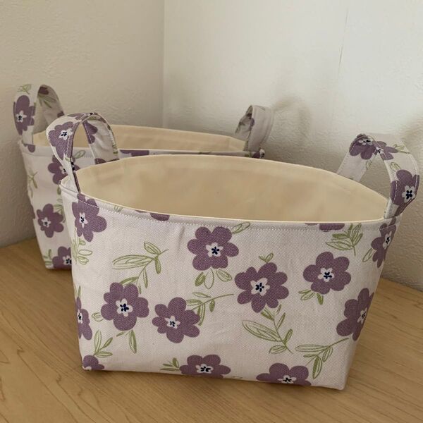布バスケット ハンドメイド 花 紫