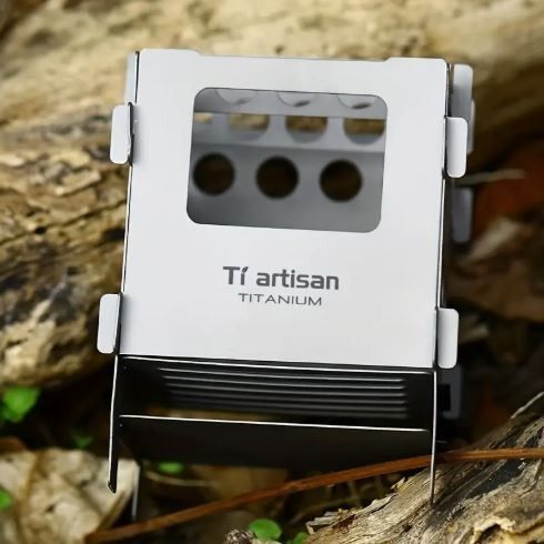 【新品・未使用】チタンコンパクトストーブ&固形燃料プレート付き アウトドア キャンプ ミニ薪ストーブ カード型 収納袋付 02