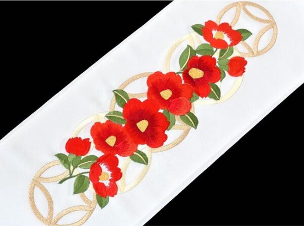 刺繍半衿 椿 椿 七宝 シルエリー 金刺繍入 着物 振袖 成人式 結婚式 半襟 和装小物 ツバキ