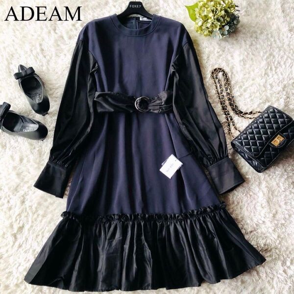 10万 未使用 ADEAM アディアム FOXEY フォクシー 異素材ドッキングワンピース 2WAY 21年 ブラック 黒 XS