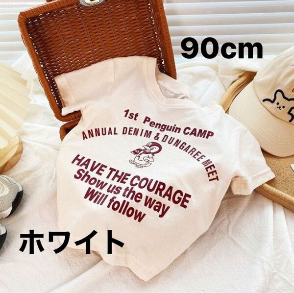 Tシャツ キッズ 半袖 ペンギン 90cm ホワイト 子供服 英字 女の子 男の子 刺繍 ワッペン 韓国服