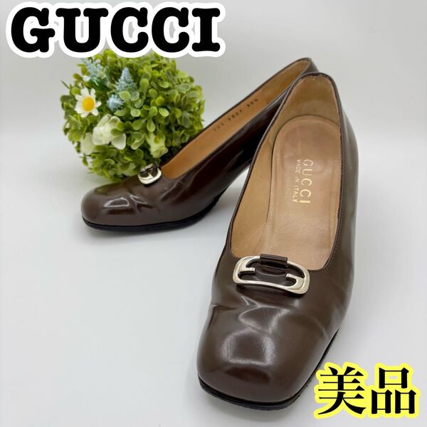 【美品】GUCCI パンプス 23.5cm ブラウン グッチ ロゴ エナメル