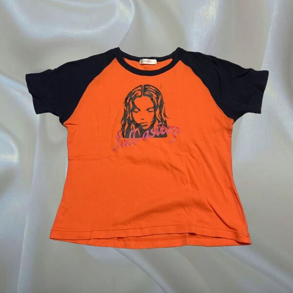 y2k 韓国ファッション ラメ プリント ネイビー オレンジ L 半袖Tシャツ