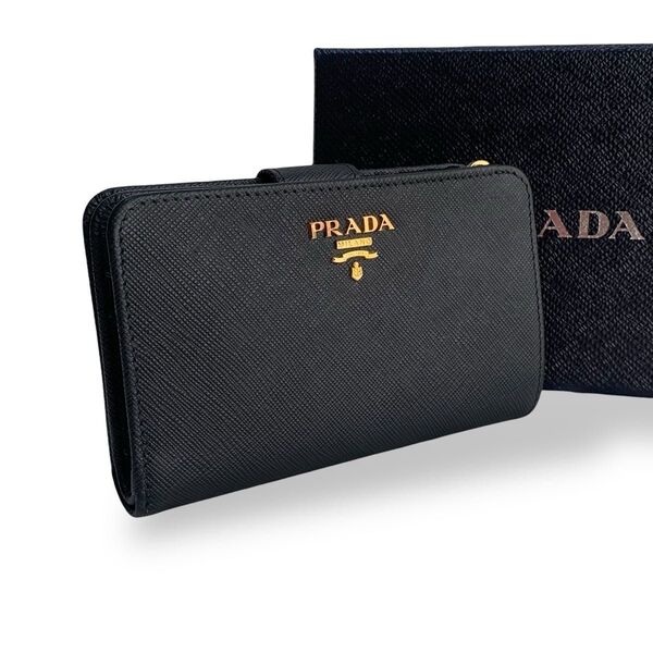 極美品 PRADA プラダ 二つ折り財布 サフィアーノレザー コンパクトウォレット ネイビー