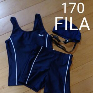 FILA 水着(上下)170㎝ 美品 スイムキャップ& ゴーグルおまけ付き 3点セット ネイビー・タンキニ 出品最終価格