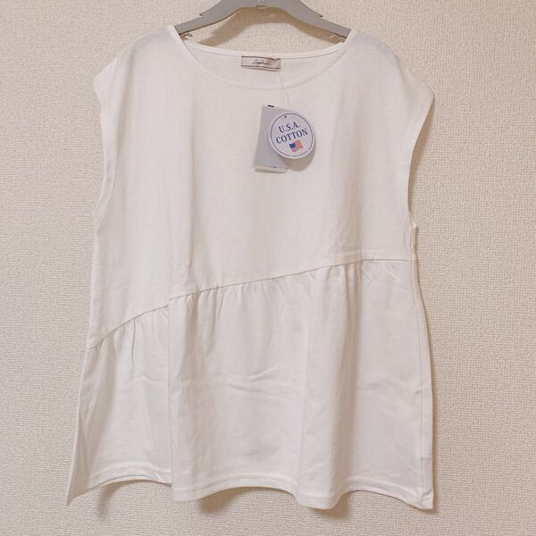 しまむら Linoluce アシメギャザーTシャツ ペプラム フレンチスリーブ ノースリーブ Tシャツ ホワイト 白 新品未使用
