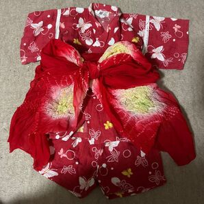 女の子 着物 甚平 和服 浴衣 七五三 蝶々 110センチ 帯付き 赤 レッド