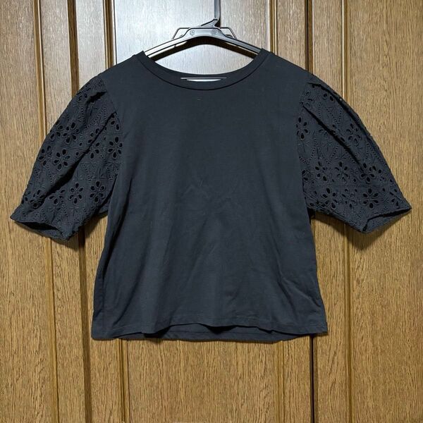 ZARA レース パフスリーブ クロップド 半袖 カットソー 黒 ザラ Tシャツ ザラ