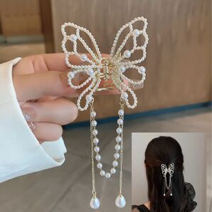 ヘアー クリップ 蝶 バタフライ アクセサリー パール ゴールド