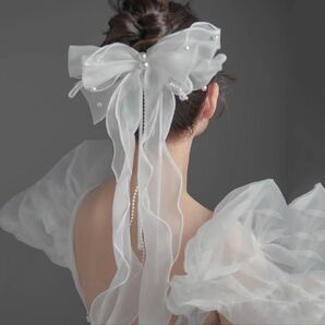 【ホワイト】リボン シフォン パール クリップ ヘアー アクセサリー ウエディング ブライダル 結婚式