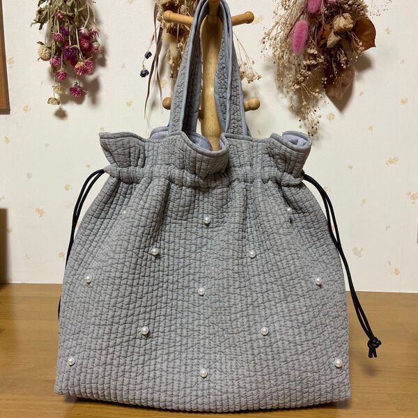 韓国 ハンドメイド イブル ヌビバッグ パール付き巾着トートバッグ