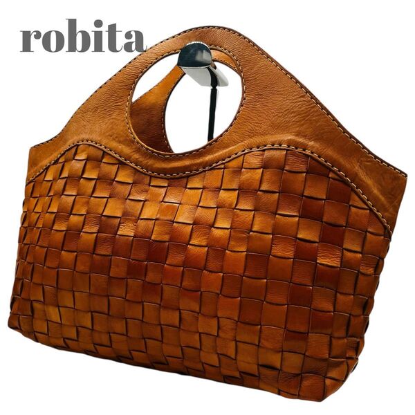 robita ロビタ ハンドバッグ 大容量 イントレチャート ブラウン 編み込み 0859