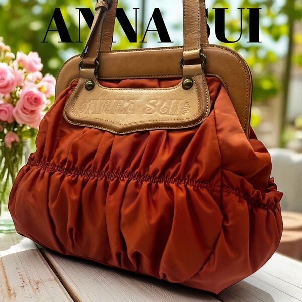 美品 ANNA SUI アナスイ トートバッグ 肩掛け ショルダー ハンド オレンジ ロゴ ギャザー ナイロン レディース