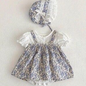 【新品未使用】半袖ロンパース 帽子セット ブラウス 花柄 ワンピース風
