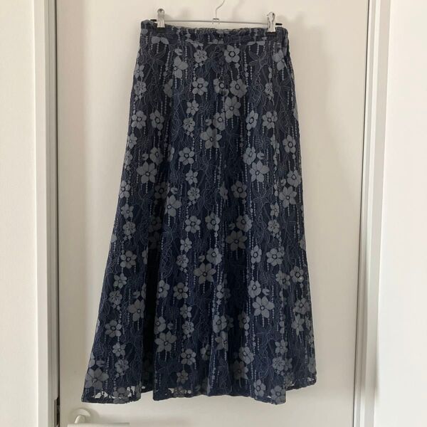総レースロングスカート フリーサイズ ネイビー 上品 総柄 花柄 ウエストゴム