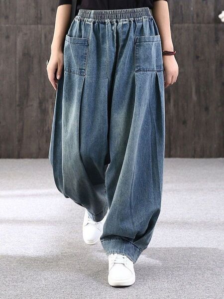 デニム ワイドパンツ ルーズ ジーンズ デニムワイドパンツ イージーパンツ 袴パンツ デニムパンツ サルエルパンツM